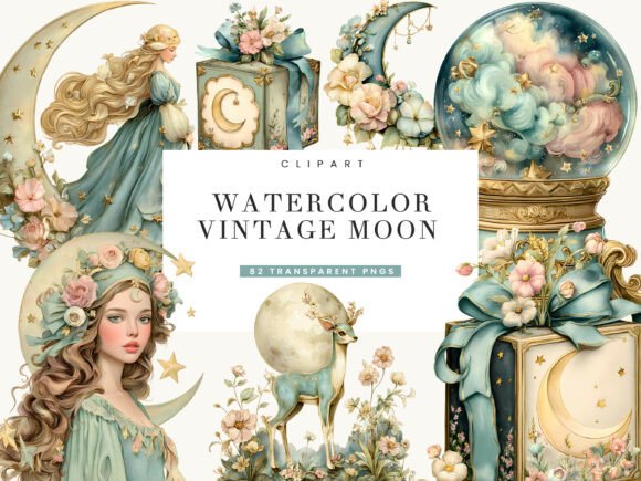 Download Watercolor Vintage Moon Clipart Bundle - Bundle Collection